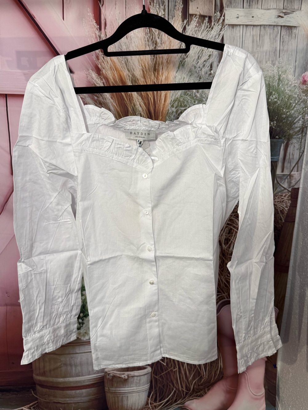 Hayden White Ruffled Square-Neck Button Front Blouse 100% Cotton Size Large New